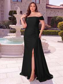 Black Off-Shoulder Draped Side Slit High Waist Formal Dress, Elegant For Evening Party, Wedding Guest, Suitable For Graduation Ceremony, Gala And Other Occasions - Black - View 3