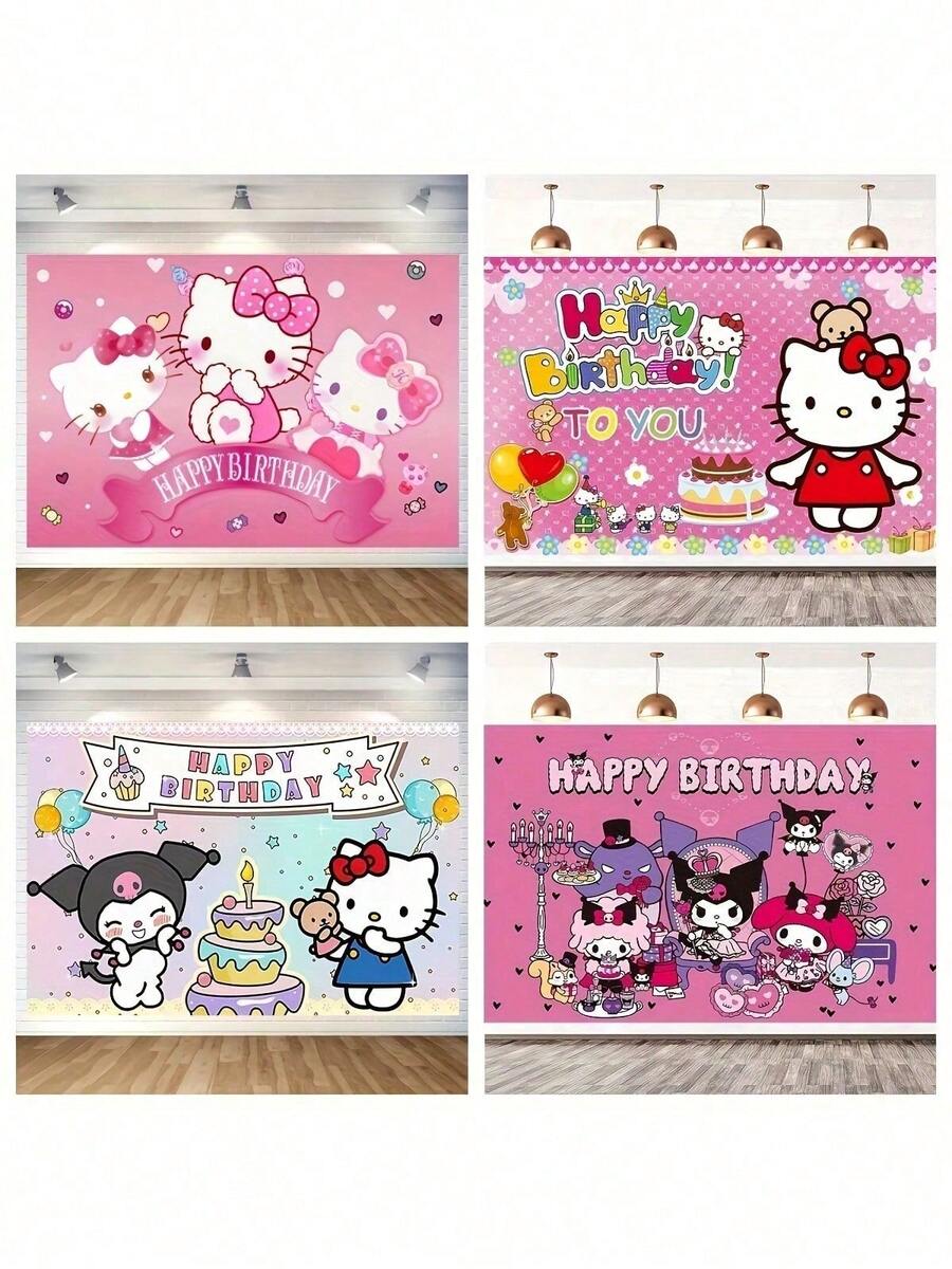SANRIO 1件三麗鷗卡通Hello Kitty攝影背景布,生日派對裝飾橫幅 - 查看 1