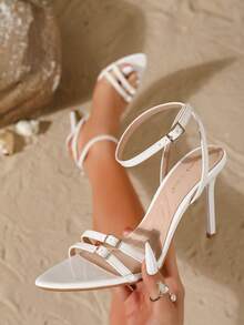 On feet& in love Giày sandal cao gót mũi nhọn hở mũi, một khóa cài, thời trang, thanh lịch dành cho nữ, chất liệu da bóng, thích hợp để phối cùng váy đầm vào mùa hè. - trắng - Xem 2