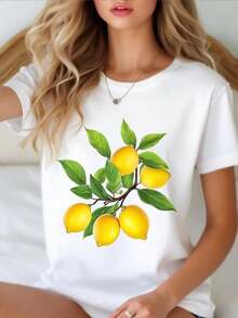 Diseño de rama de limón brillante. Camiseta de manga corta de cuello redondo blanco de verano de las mujeres, top de manga corta ligero - Blanco - Ver 2