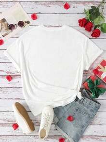 Camiseta casual de mujer de una pieza, con cuello redondo, estampado de rayas, lunares y corazones florales, opción ideal para el Día de San Valentín. - Negro - Ver 3