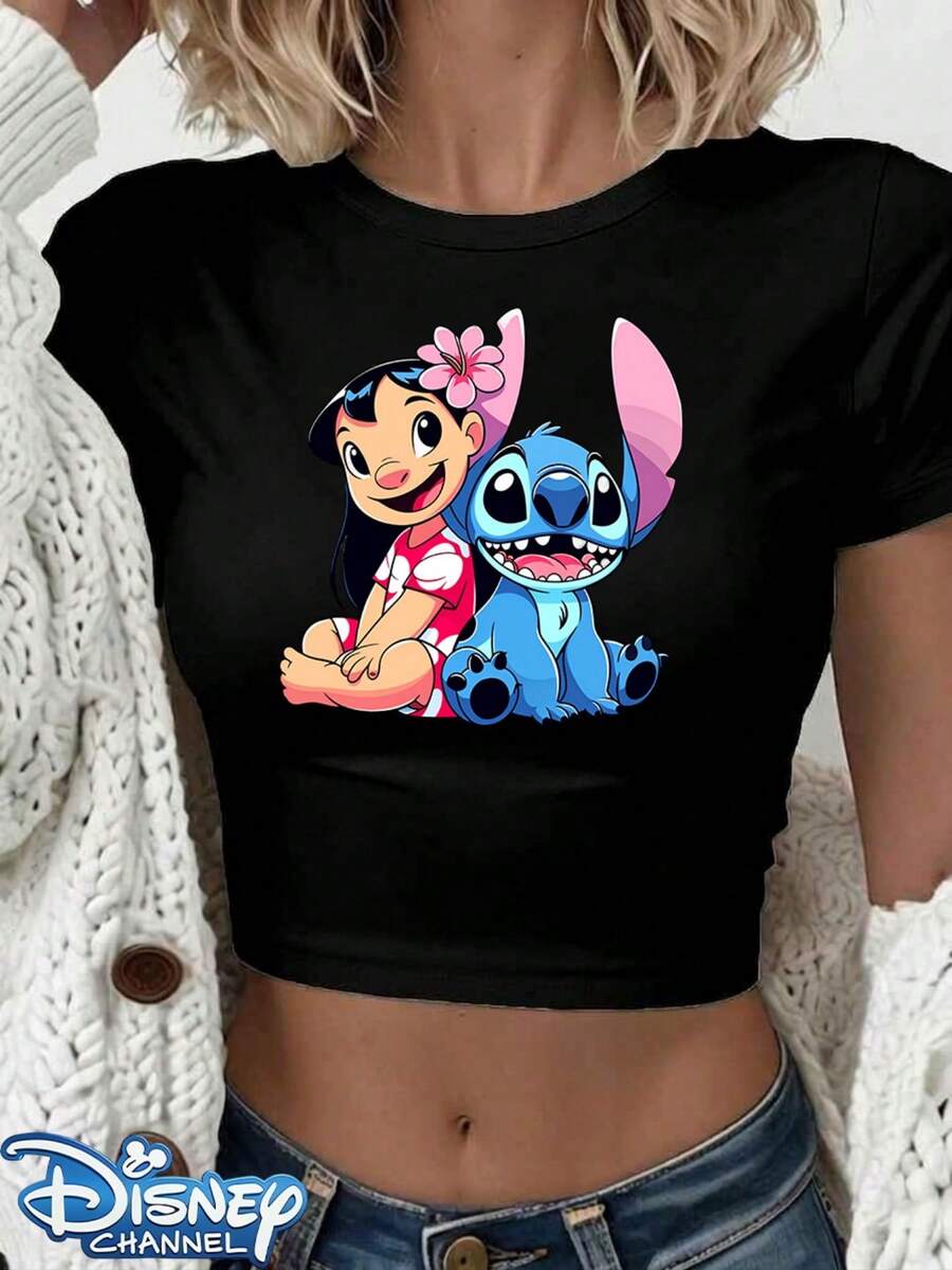Authentic Disney: Featuring A Charming New Graphic Print Of Lilo And Stitch From *Lilo & Stitch* Sharing A Frame, This Women's Casual T-Shirt Features A Crew Neck, A Slim-Fit Silhouette, And A Cropped Length. Crafted From Polyester, This Basic Summer Top Is Incredibly Versatile-Perfect For Everyday Wear, Casual Outings, Or Dressing Up. Offering A Comfortable, Relaxed Fit, It Makes An Ideal Gift Choice For Her. Machine Washable. (Tags: Holiday Outfits For Women, Festival Outfits, Linen Shirt, White Top)The Sizing Runs Small; If You Prefer A Loose Fit, Please Choose One Size Up. - màu đen - Xem 1