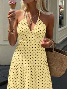 Vestido maxi sin espalda con cuello halter de crepé y lazo para ocasiones en complejos turísticos y bodas - Multicolor 4 - Ver 2