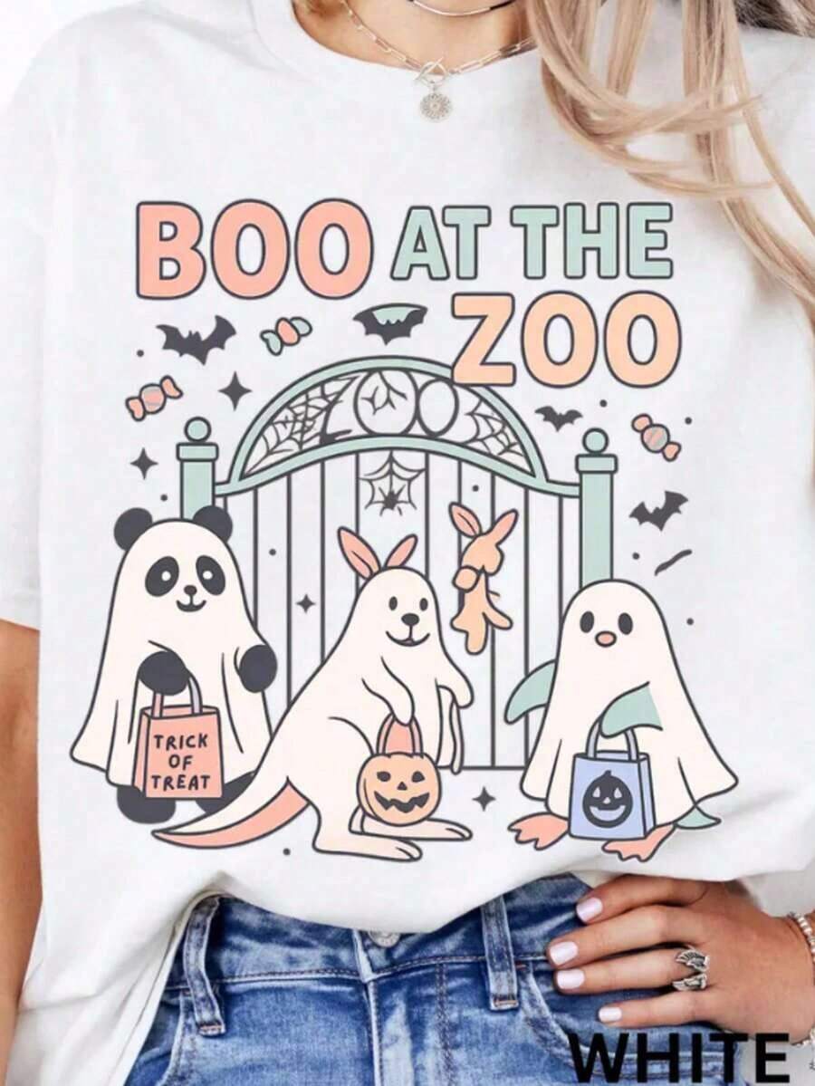1 Zoo Day T-Shirt, Animal Print T-Shirt, Matching Set For Family Zoo Trip, Wild Animal Themed T-Shirt, First Zoo Visit Gift, Jungle T-Shirt, Women's Oversized Graphic T-Shirt, 100% Cotton, Casual Crew Neck, Short Sleeve, 1 180g 100% Cotton Fashion T-Shirt, All Designs Are Printed. Unisex. - 白色 004 - 查看 1