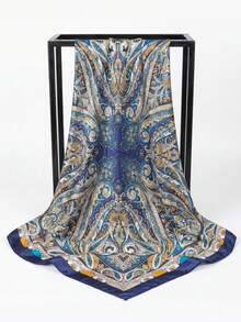 1pc Women's Plus Size Floral Print Scarf, 90cm Large Square Scarf, Satin Texture, Can Be Used As Headscarf Or Shawl - Royal Blue - View 3