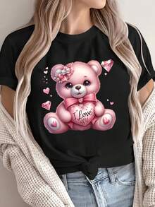 Women's Short Sleeve Cotton T-Shirt, Teddy Bear Print T-Shirt For Valentine's Day - Soft And Breathable Green T-Shirt With Pink Hearts And "I Love You" Design, Casual Short Sleeve Top For Spring And Summer, Valentine's Day T-Shirts. - 黑色 - 查看 1