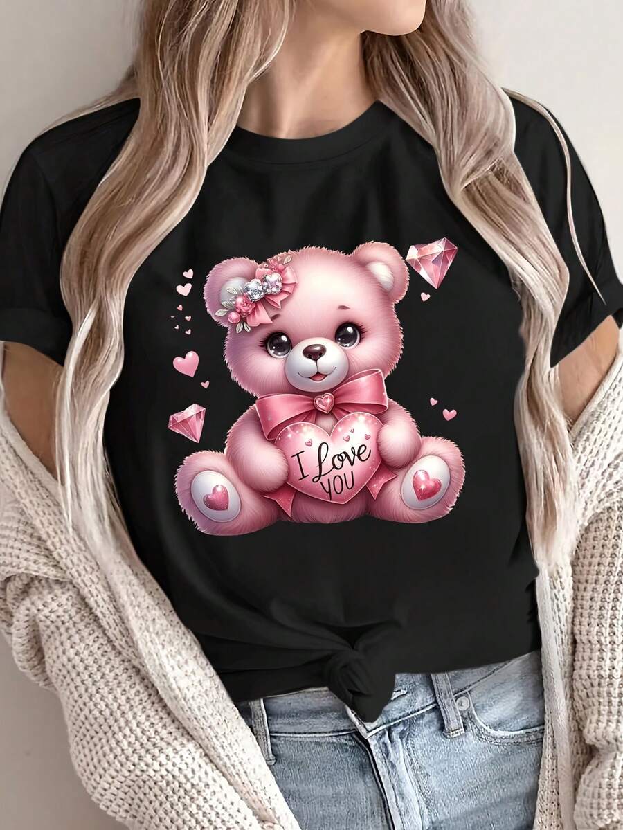 Women's Short Sleeve Cotton T-Shirt, Teddy Bear Print T-Shirt For Valentine's Day - Soft And Breathable Green T-Shirt With Pink Hearts And "I Love You" Design, Casual Short Sleeve Top For Spring And Summer, Valentine's Day T-Shirts. - 黑色 - 查看 1