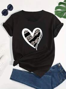 Camiseta holgada, casual, absorbente de sudor, transpirable y favorecedora con estampado de corazón de diamante. - Negro - Ver 8