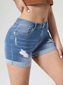 Pantalones Cortos De Mezclilla Con Borde Deshilachado - Azul lavado medio 2 - Ver 3