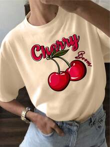 YOCASA Women's Casual Summer T-Shirt, Round Neck, Fitted, Short Sleeve, With Oil Painting Print, Floral, Heart, Cherry, And Letter Patterns. Simple Casual Fabric, Sporty Style, Ideal For Everyday Wear And Valentine's Day Dates. 1 Piece, 180g Pure Heavy, 95% Polyester 5% Spandex. 100% Cotton Durable - 杏 - 查看 1