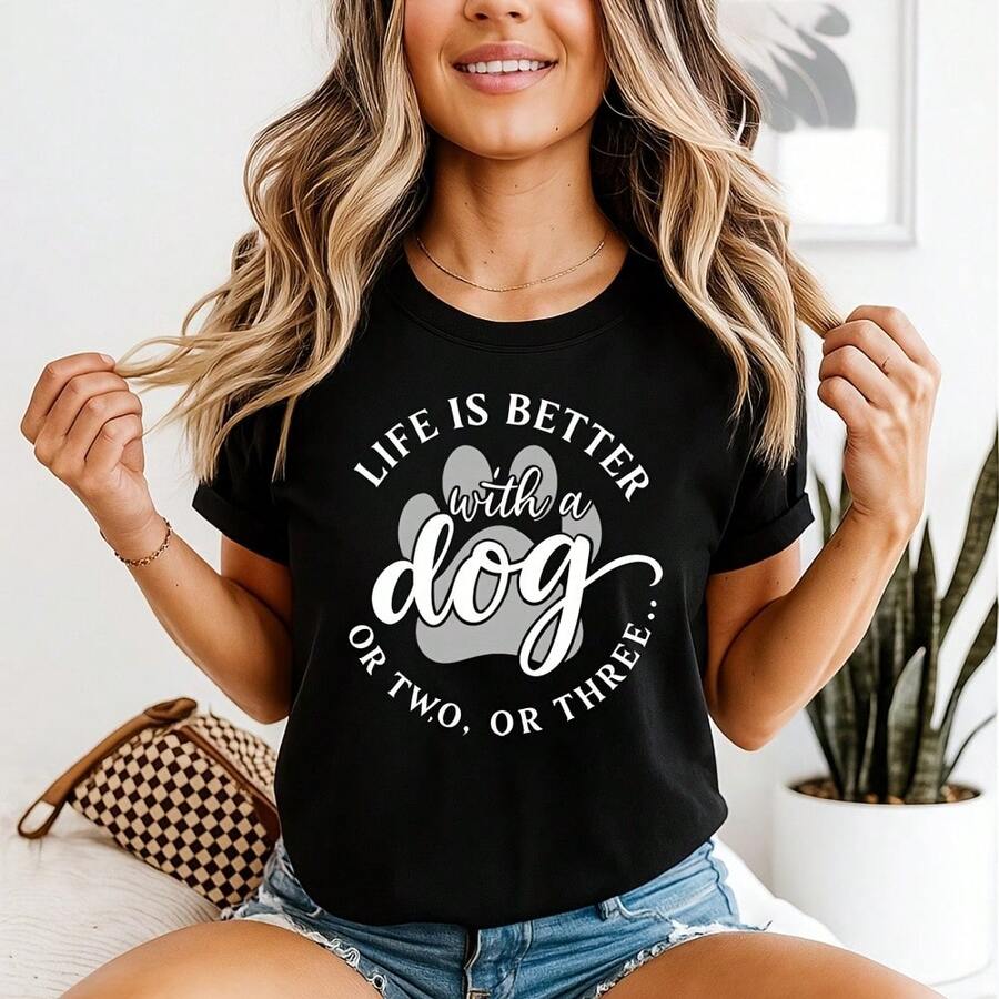 Life Is Better With Dog Womens Tshirt Dog Mum Gift Dog Lover Tee Dog Paw Girl - 軍綠色 - 查看 1