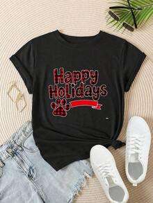 Women's Casual Short Sleeve T-Shirt - Red Plaid Design With Pet Paw Print For Parties, Crew Neck, Summer Top, Machine Washable, Ladies' T-Shirts, Casual Wear, Modern Style, Comfortable Fit

-White - 黑色 - 查看 2