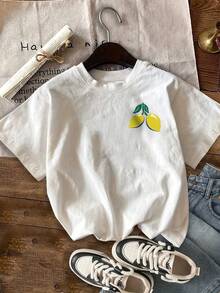 Camiseta Casual de Mujer con Estampado de Limones - Manga Corta, Cuello Redondo, Ligera, Diseño Vibrante de Limones y Helado, Perfecta para Atuendos Casuales, Ropa de Cocina con Temática de Limones| Camiseta con Diseño Divertido| Camiseta Y2k de Tela Ligera - Blanco - Ver 3