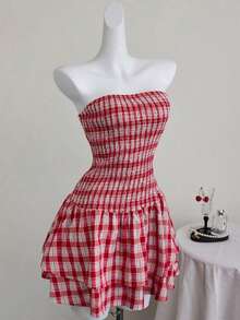 Vestido azul marino con cintura ceñida, plisado, sin tirantes, sexy, calado, con bordado y dobladillo fruncido, estilo vacaciones - Rojo - Ver 8