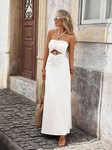 Vestido de gasa con estampado para primavera y verano con cuello de halter para mujeres - Blanco - Ver 1