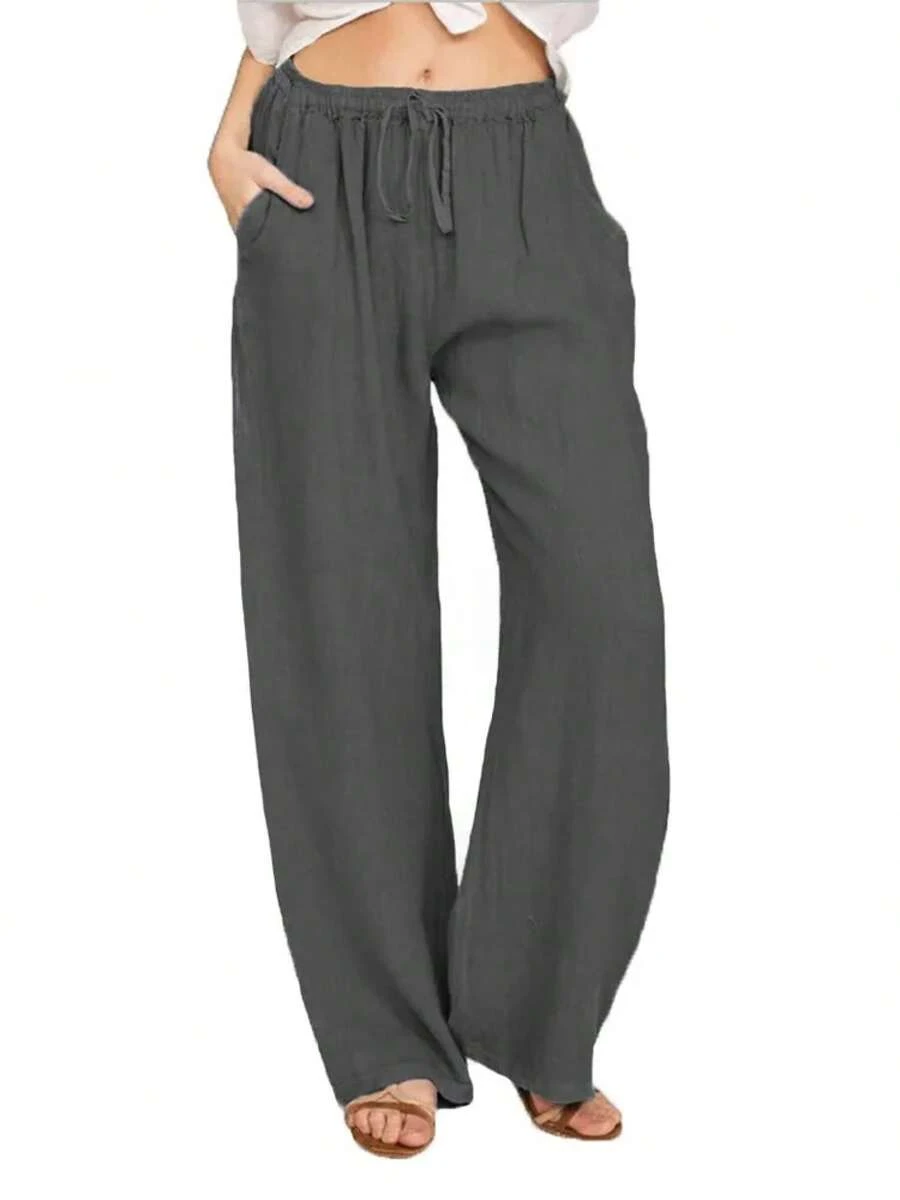 Pantalones de lino y algodón para mujer, pantalones de pierna ancha de cintura alta lisos de verano y otoño, pantalones deportivos informales transpirables de cáñamo sueltos para mujer - Azul Marino - Ver 1