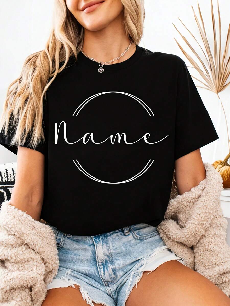 Personalized T-Shirt With Name For Celebrations - Gift For Birthdays, Anniversaries, And Weddings With An Elegant Design For Mother's Day, Comfortable Casual T-Shirt For Women | T-Shirt With Slogan | Distinctive T-Shirts | Retro T-Shirt - Unisex Vintage Urban Style, Loose Fit, Cotton, Short Sleeve, Crew Neck - 黑色 - 查看 1