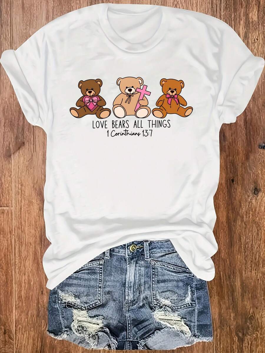 Limited Edition In Lightweight, Breathable Cotton. This Women's T-Shirt Features A Crew Neck Design, A Teddy Bear Print, And The Phrase "Carrying Love" (1 Corinthians 13). Designed For Everyday Casual Wear, It's Made From A Soft, Comfortable Fabric. Lightweight Cotton - 白色 - 查看 1