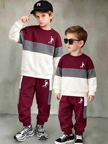 Young Boy Cartoon Print Warm Crew Neck Long Sleeve Top And Sweatpants - Burgundy - View 1