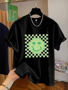 Women's 100% Cotton Soft T-Shirt, Retro 80s Green Pixel Art Design - Neon  Face And Palm Tree Design, Soft, Breathable, Short Sleeve, Crew Neck, Casual Top, Hawaiian Beach Themed Outfit In Turquoise (Machine Washable) For Summer Parties And Casual Wear. Breathable Cotton T-Shirt, Goes With Everything. - 黑色 - 查看 6