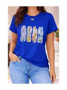 Soft 100% Cotton Short-Sleeved T-Shirt For Women With Watercolor Floral Print And English Phrase, Casual Spiritual Botanical Artistic Design, Breathable Cotton T-Shirt, Goes With Everything, Great. - 藍色 - 查看 6