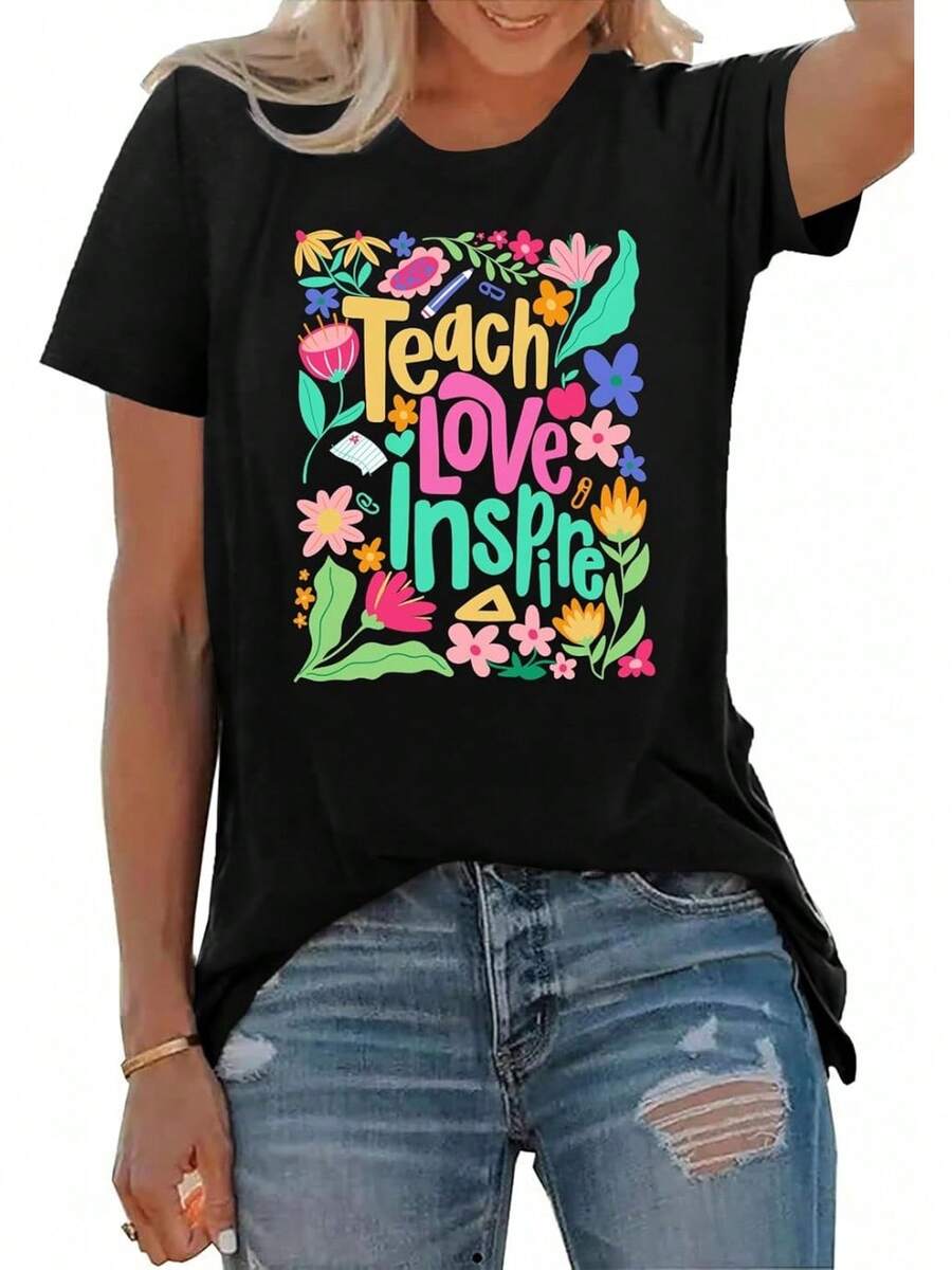 PECHAR - Short-Sleeved T-Shirts For Teachers, Bohemian Design, Wild Floral Design - Black - View 1