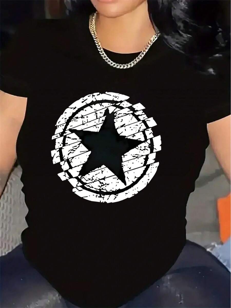 VivaGlam-Casual T-shirt with a Star Pattern Design, Lightweight and Durable.Suitable for Home, Work, or Outdoor Activities, It Provides Comfort and a Trendy Look, Making It an Ideal Choice for Casual Attire"sport""Athleisure" - Negro - Ver 1