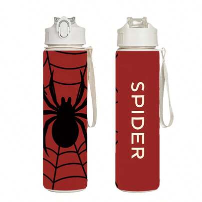 1 pieza Botella de agua deportiva de 750ml/26oz con estampado de araña en 3D, con pajita. El diseño de araña es fresco y de moda, disponible en 5 colores, con correa de asa para un transporte fácil, compacta, duradera y ligera, adecuada para exteriores, viajes, campamentos, escuela, oficina, un gran regalo para vacaciones y cumpleaños