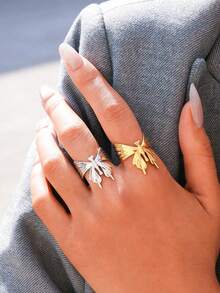 Uself 2pcs/1pc 304 Stainless Steel 18K Gold Plated Butterfly Wing Open Ring, Layered Insect Themed Jewelry, Low Allergy, Suitable For Summer, Beach, Western Style Jewelry For Women - Multicolor - View 3