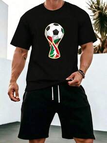 Hombre002y007 Conjunto de ropa deportiva negra del Mundial de Fútbol, camiseta estampada y pantalón corto, envío desde México, confortable para el en movimiento - Negro - Ver 6