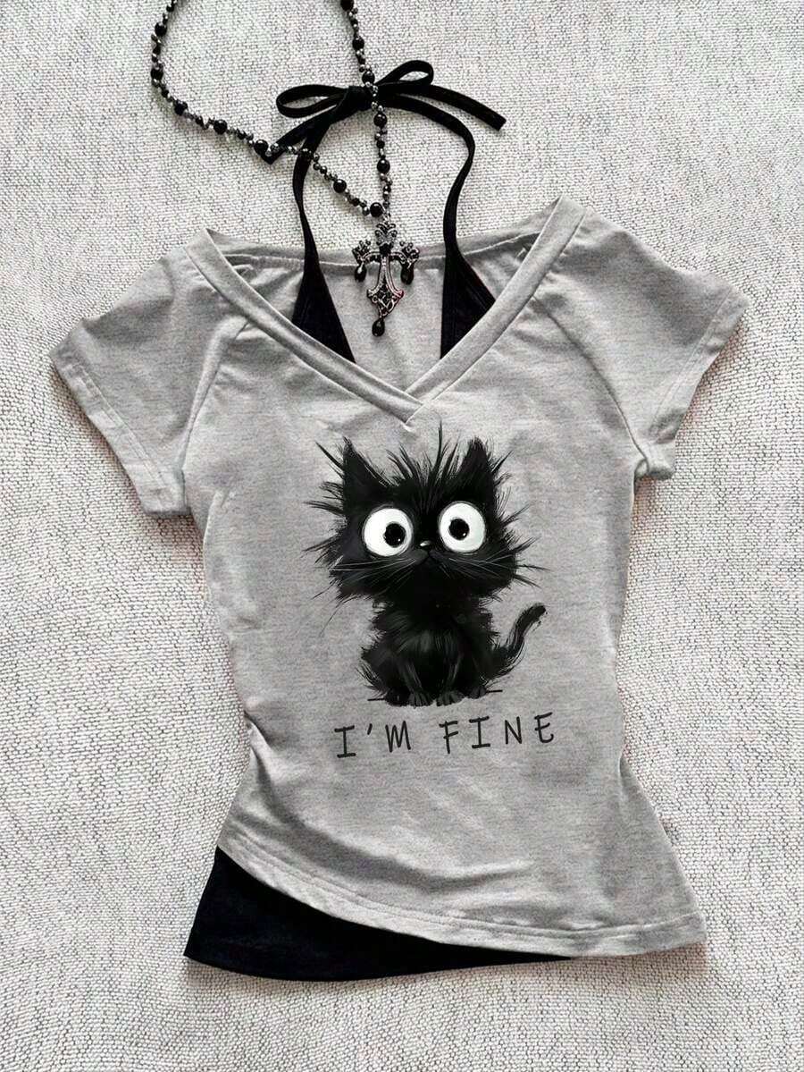Camiseta de mujer casual de cuello en V retro, con atar, de manga corta y contraste de color, adecuada para el verano - Gris Claro - Ver 1