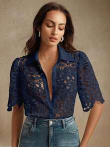 Blusa elegante de mujer con estampado floral y encaje calado, adecuada para primavera/verano, vacaciones, días festivos, playa, festivales - Azul marino - Ver 6