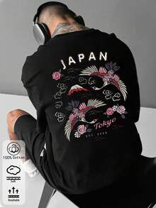 Camiseta de manga corta para hombre, corte holgado, cuello redondo, color sólido, 100% algodón, ropa casual de primavera/verano, estilo urbano, ideal para viajes, con diseños de dragones y flores de cerezo de inspiración japonesa, adecuada para la oficina, el hogar, deportes al aire libre y para un look retro minimalista y divertido. Camiseta Vintage con Gráfico de Águila Retro - Negro - Ver 3