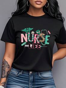 Women's "Nurse Life" Printed T-Shirt, Short-Sleeved And Round Neck, With A Cartoon Design Depicting The Daily Life Of Nurses, Decorated With Hearts And Medical Elements. A Unique Pattern Suitable As A Gift For Nurse Friends, Ideal For Various Occasions Such As Casual Daily Wear, Travel, Meetings, Nurse's Day Gift, Graduation Season Souvenir, Etc. Shows Personality And Care. Pure Cotton Printed T-Shirt For Women. - 黑色 - 查看 7