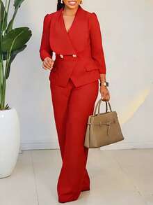 Mono ajustado de manga larga con solapa elegante, pierna ancha, estilo sexy para mujer primavera 2026 - Rojo - Ver 1