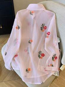 Conjunto de camisa de manga larga de hombros caídos y pantalones cortos de gasa holgada y regular - Rosa - Ver 2