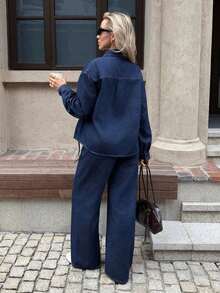 Conjunto de dos piezas de top de manga larga de unicolor simple y jeans para maternidad, uso casual diario para primavera, Navidad, Año Nuevo, Acción de Gracias, ir a trabajar, vacaciones, graduación, estilo chic Y2K, ropa de calle linda, fiesta, boda, elegante y casual para mujer - Azul - Ver 2