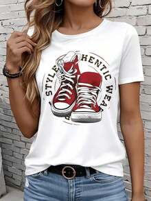 Women's Short-Sleeved T-Shirts In Black And White Are Suitable For Everyday Wear, Lounging At Home, And Outdoor Activities. Authentic Style, Graphic Tee Paired With Red Sneakers,  Casual Top For Women, Unisex Streetwear Design, Perfect Gift For Parties Or Holidays. - 白色 - 查看 7