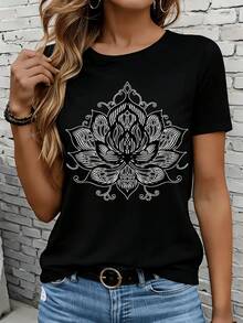 Women's Short-Sleeved T-Shirts In Black And White Are Suitable For Everyday Wear, Lounging At Home, And Outdoor Activities. Women's Lotus Flower Mandala Print T-Shirt, Boho Style, Graphic Tee, Yoga Top, Casual Wear, Holiday Party Gift. - 黑色 - 查看 7
