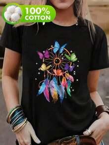 1pscCamiseta Casual con Patrón de Mariposa, Cuello Redondo, Manga Corta, Ropa de Mujer, Ajuste Regular, Apta para Todas las Estaciones100%cotton100% Cotton100% Cotton100% Cotton - Negro - Ver 6