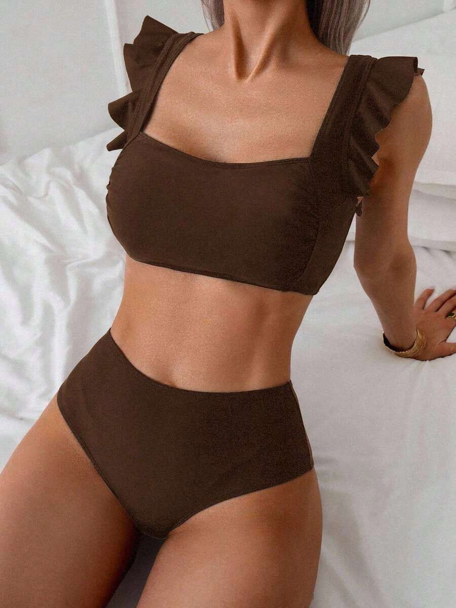 Conjunto de traje de baño para mujer, conjunto de unicolor con escote cuadrado tipo bandeau, tirantes con volantes - Café integral - Ver 1