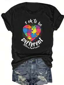 Camiseta Casual de Cuello Redondo para Mujer, Talla Grande, con Gráfico de Corazón "Está Bien Ser Diferente" para la Concientización sobre el Autismo, Tela Ligeramente Elástica, para Uso en Todas las Temporadas, Camiseta Oversize, Camisetas de Tallas Grandes - Negro - Ver 6