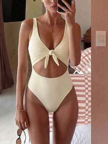 Swim Vcay Traje de baño de una pieza de unicolor negro elegante sin mangas, de cintura alta y con tirantes ajustables, para primavera/verano 2026 - Amarillo claro - Ver 1