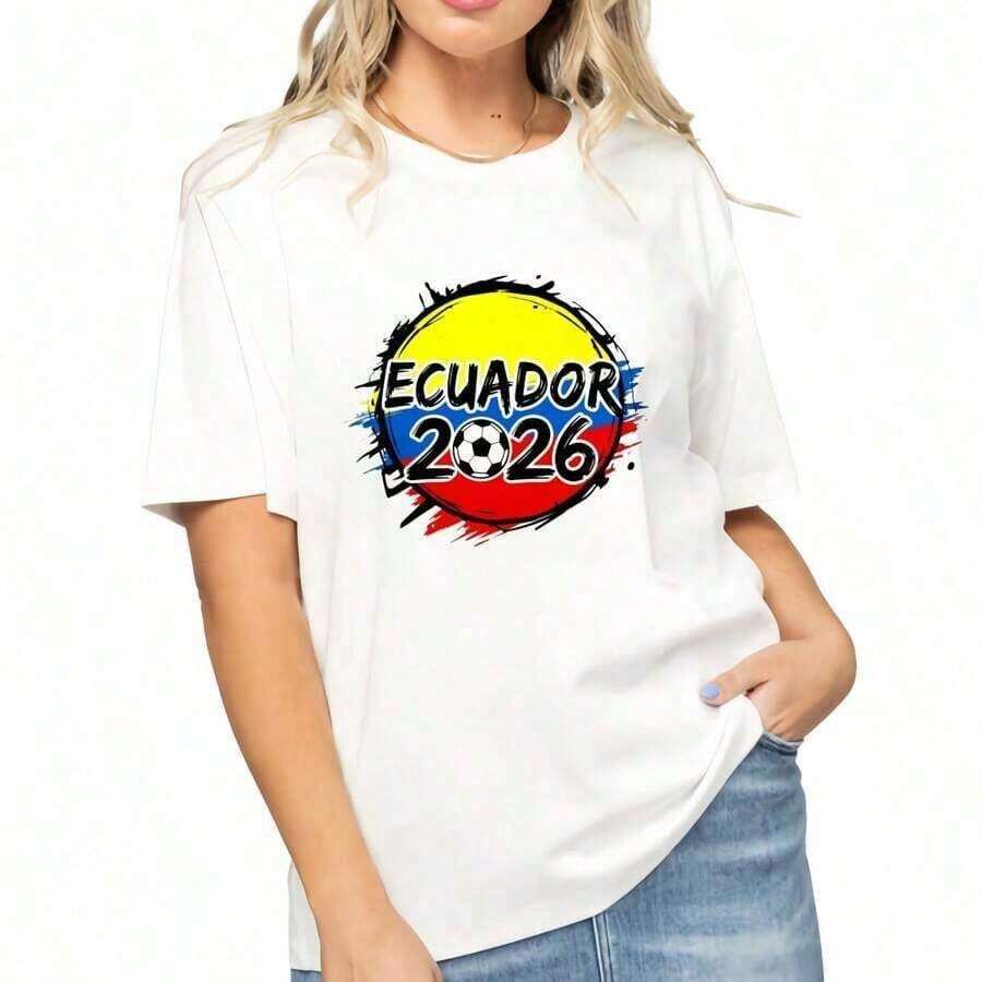 Ecuador National Football Team Jersey For The 2026 World Cup, Women's Casual Short Sleeve Graphic T-Shirts For Easter, Mother's Day And The 2026 World Cup - 白色 - 查看 1