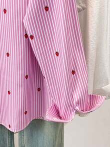 Blusa de mujer con cuello polo, estampado de corazones y rayas - Camisa casual de manga larga con botones, adecuada para uso diario en primavera, verano y otoño - Fresa rosa - Ver 8