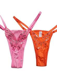 Butterfly Panties Kit 2 Microfiber Thong Lingerie Sexy Sensual Adjustable G-String - Rosa chicle y naranja neón - Ver 1