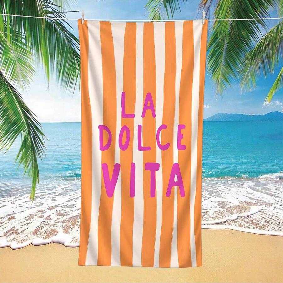 1条橙白条纹La Vita主题沙滩巾 | 速干超柔软超细纤维面料 | 多用途,适用于瑜伽、旅行、游泳和露营 | 海滩度假的最佳选择 | 可机洗 | 完美礼物 - 彩色 - 查看 1