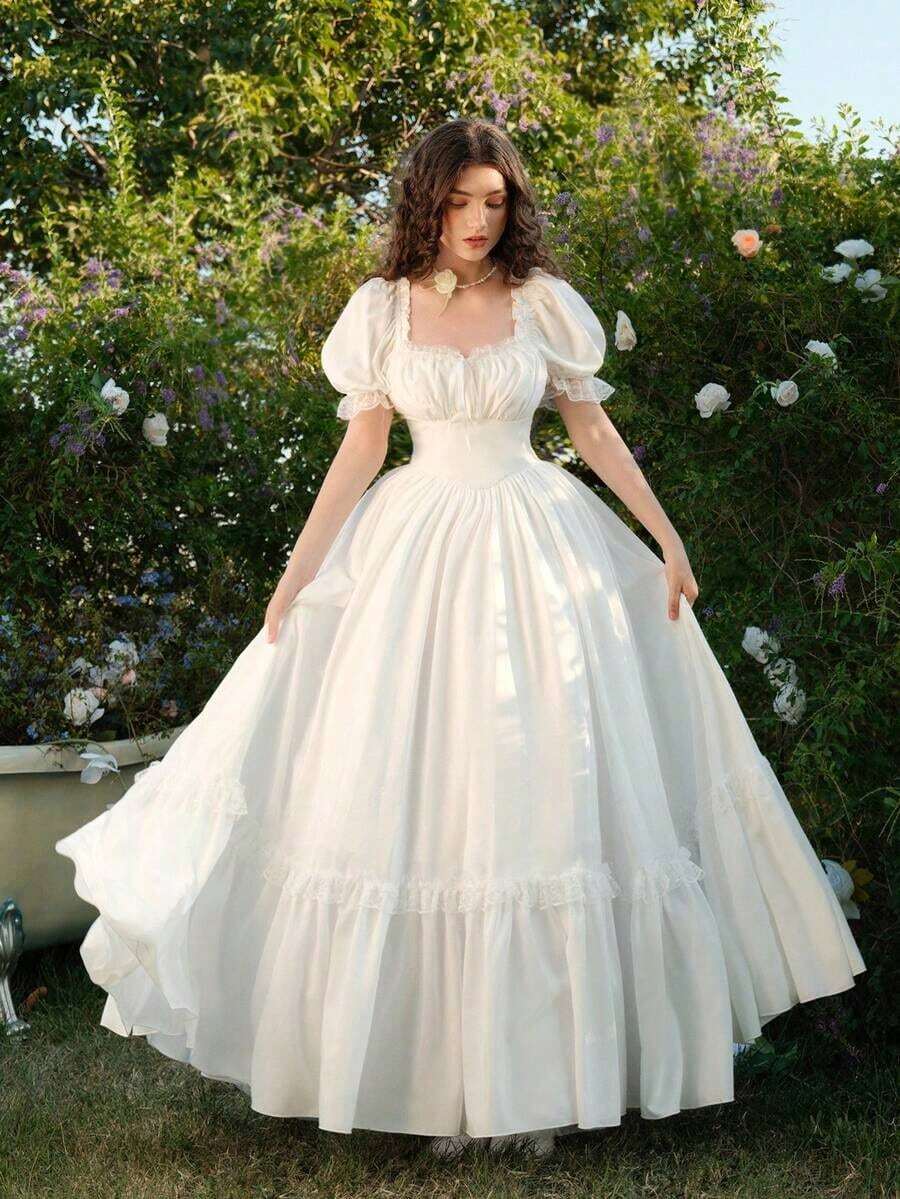 MOD Vestido largo de encaje blanco con volantes estilo victoriano vintage, vestido de fiesta, vestido de graduación, con exquisita mano de obra - Blanco - Ver 1
