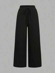 Set de 3 pantalones rectos sueltos de cintura alta con cordón y bolsillos, de unicolor y versátiles, adecuados para primavera/verano - Multicolor 4 - Ver 8