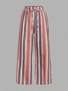 Set de 3 pantalones rectos sueltos de cintura alta con cordón y bolsillos, de unicolor y versátiles, adecuados para primavera/verano - Multicolor 7 - Ver 7